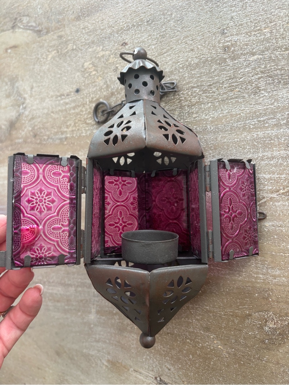 Hanging Pink Patterned Glass & Metal Small Moroccan Lantern
